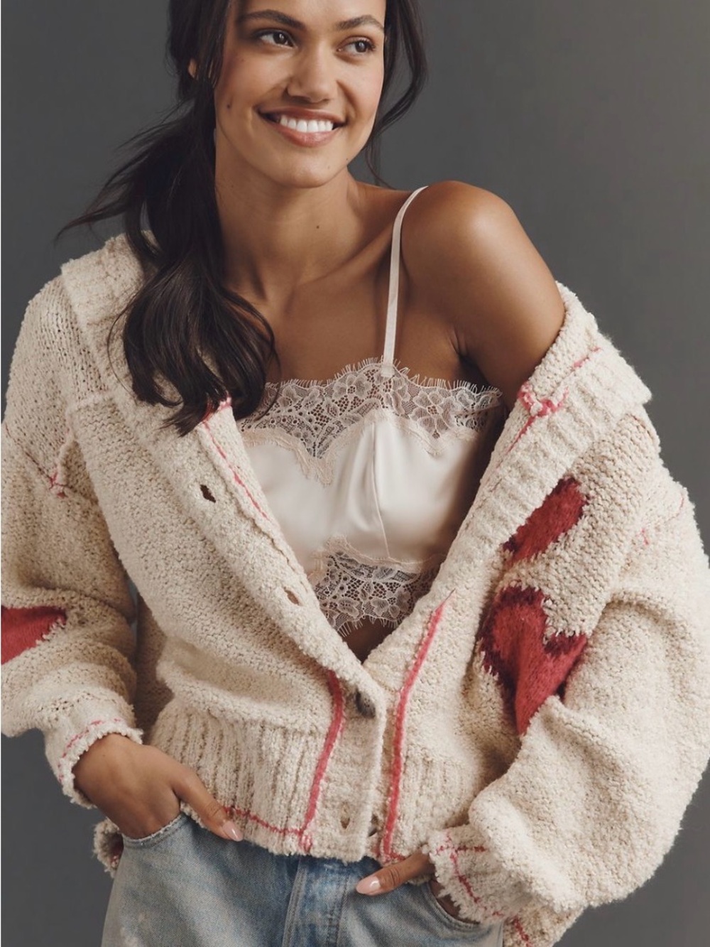 Pilcro candy heart Bouclé cardigan  long sleeve - Picture 3 of 4